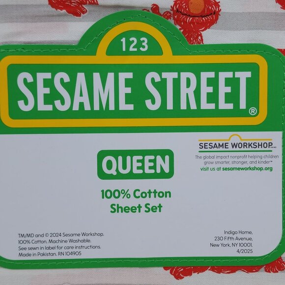 Sesame Street Queen 4-Piece 100% Cotton Sheet Set Elmo with Gray Stripes - Picture 4 of 7